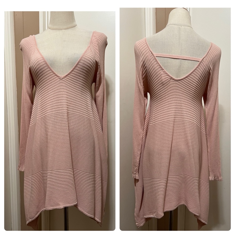 Venus Woman's Asymmetric Short Dress Size Small Pink Long Sleeve V Neck